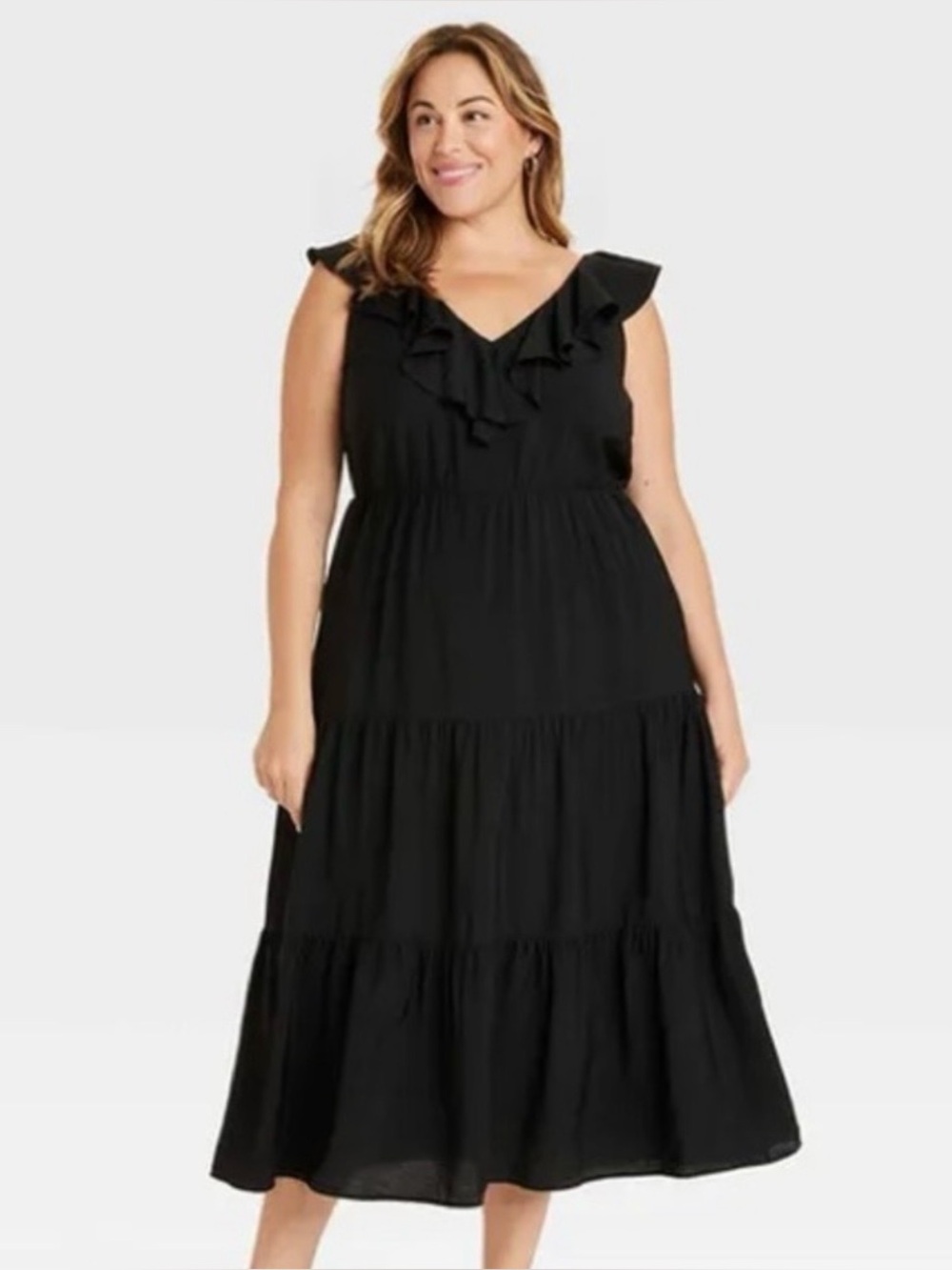 Ava & Viv Black Ruffle-Trim Tiered Maxi Dress